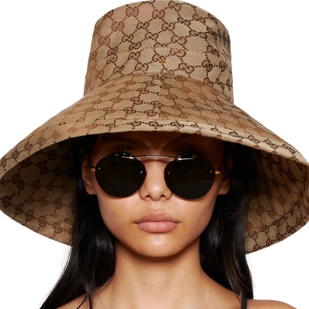 Monogram Bucket Hat Wide Large Brim Beige Canvas Jacquard Sun Tan Coverage New - Picture 7 of 16